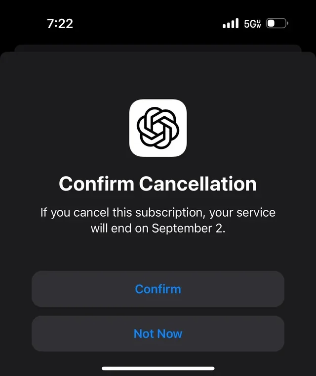 ChatGPT “Confirm Cancellation” screen on iPhone showing the date paid access ends, with Confirm and Not Now buttons